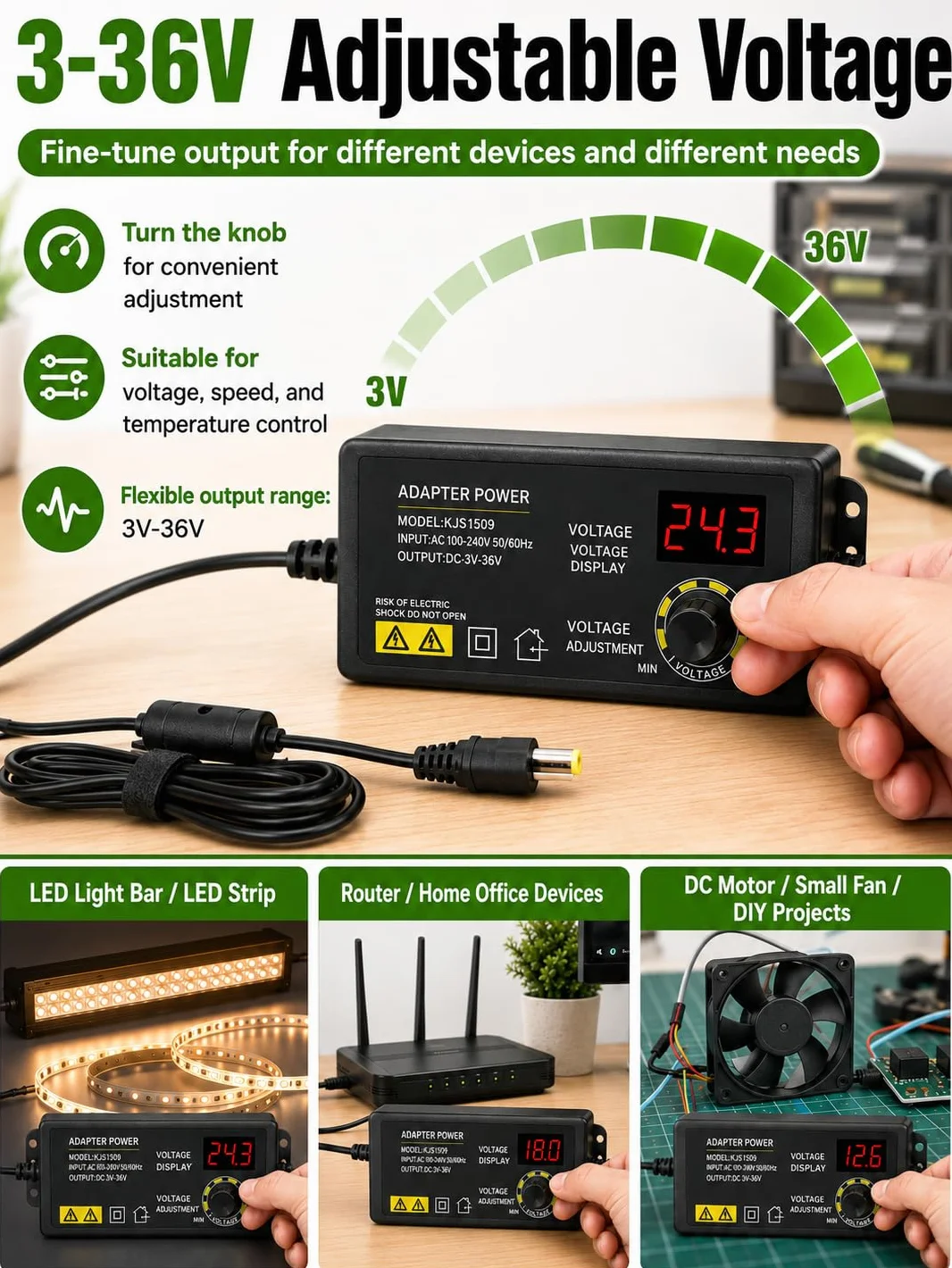 VOBOR Adaptador Ajustable, 3-36V Fuente de Alimentacin Regulable Universal con Control de Velocidad del Motor, Adaptador Unidad de Alimentación de Amplio Rango