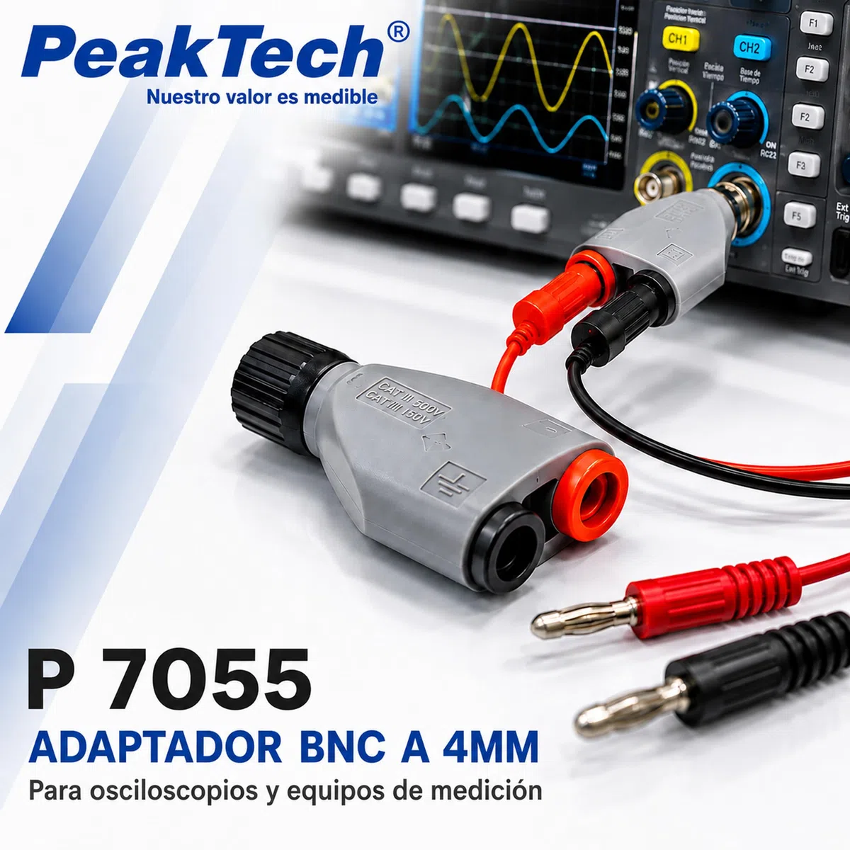 PeakTech, 7055 Adaptador BNC a Conectores Banana de 4 mm, Accesorios para osciloscopios, generadores de señales, contadores de frecuencia y Pinzas amperimétricas con Cable de Prueba de 4 mm