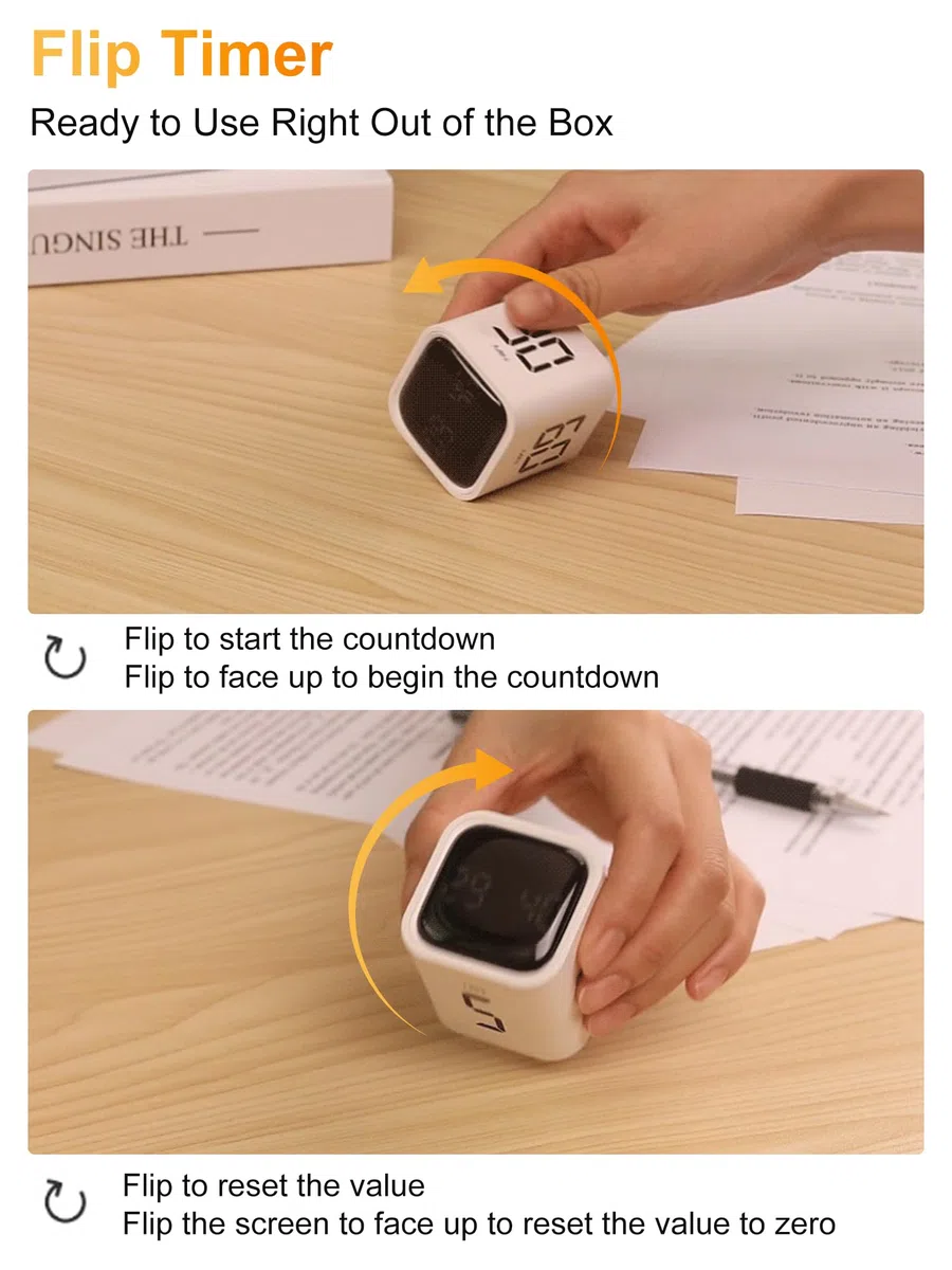 VOBOR Cubo Temporizador Pomodoro Digital, 5/10/30/60 Minutos y Cuenta Atrás Personalizada, Alerta de Vibración y Sonido Ajustable, para Cocina, Estudio, Oficina, Niños, Ejercicio y TDAH (Blanco)