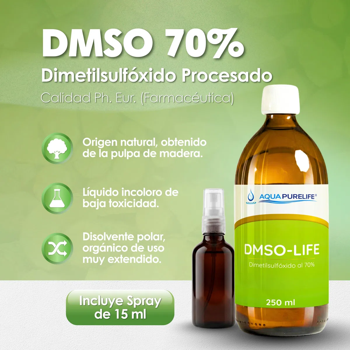 DMSO 70% 250 ml - Dimetilsulfóxido Calidad Farmacéutica 99,9% Pureza - Disolvente Universal Certificado Farmacopea Europea Ph. EUR - Botella Cristal Ámbar con Spray Incluido