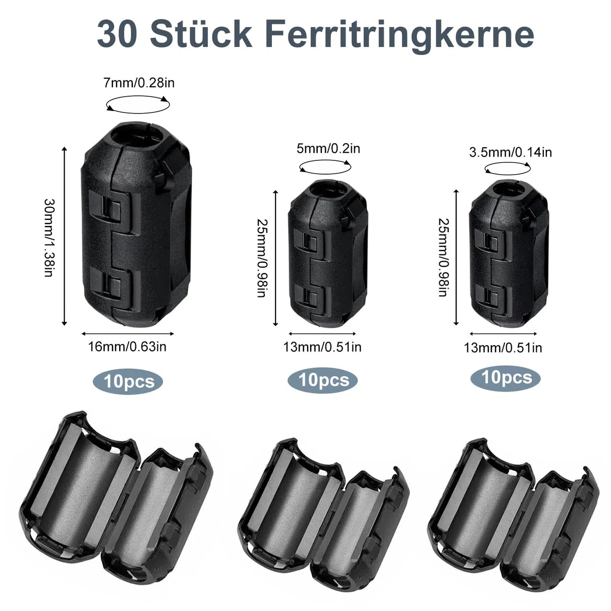 Núcleos de ferrita para cables, 30 piezas de núcleo de ferrita enganchable, supresor de ruido EMI con clip para cables de 3.5 mm, 5 mm, 7 mm de diámetro interior para cables USB, audio y video, y