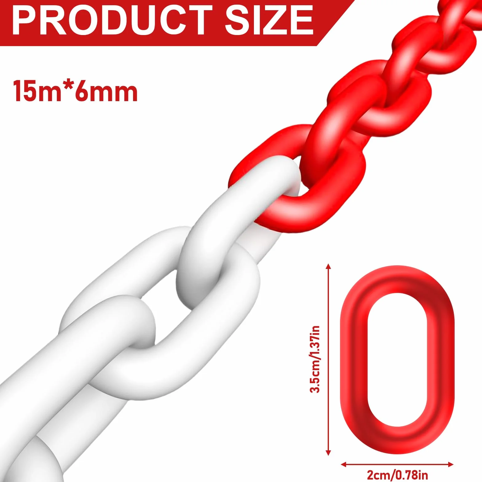 Cadena de plástico de 15 m x 6 mm, color rojo y blanco, de plástico, para seguridad de advertencia, aparcamiento, construcción