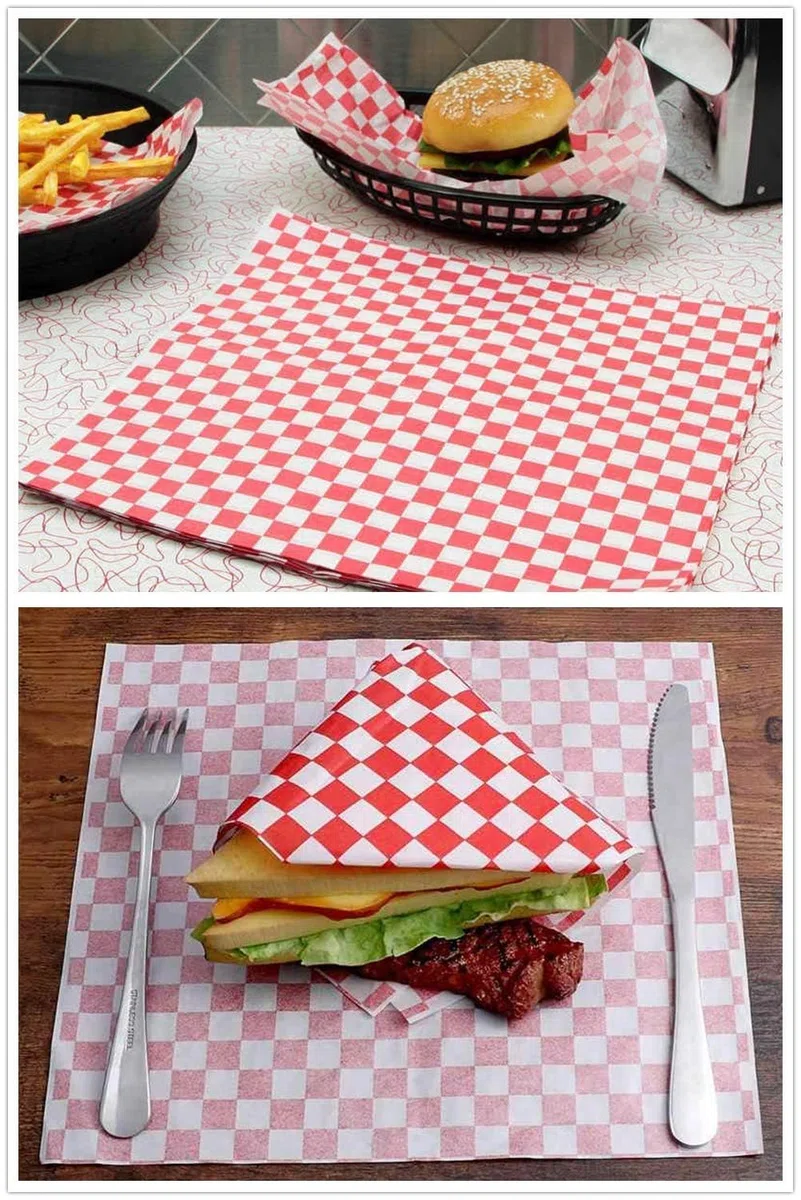 Papel de Envoltorio Antigrasa 100 pcs 28X34 cm Cuadrados Blancos Rojos Antihumedad Durable Papel Horno para Envolver para Bocadillo Hamburguesas Snacks