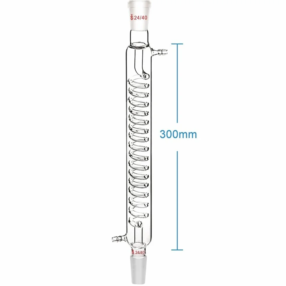 Condensador de Vidrio de Borosilicato con Conector 24/40, Longitud de Chaqueta de 300 Mm, Condensador de Vidrio de Laboratorio, Tubo Condensador Serpentino