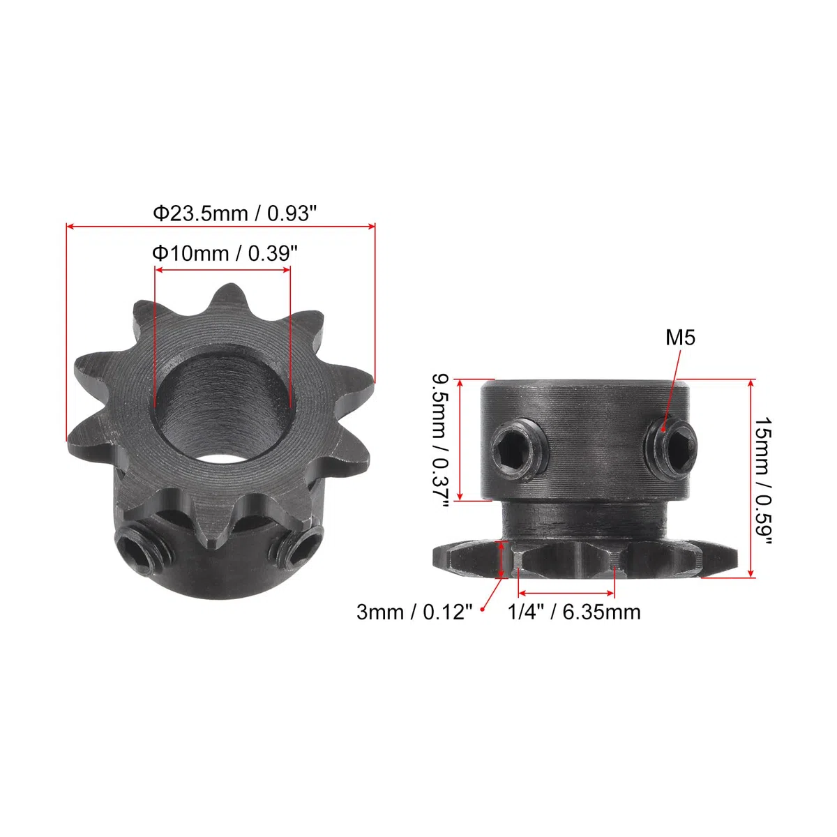 sourcing map #25 Cadena Rodillo Piñón, Orificio 10mm Paso 1/4" 10 Diente Cadena un Solo Eslabón Piñón Cadena C45 Acero Carbono 25 Piñón Cadena con Tornillos Juego para Cadena ISO 04C, 2uds