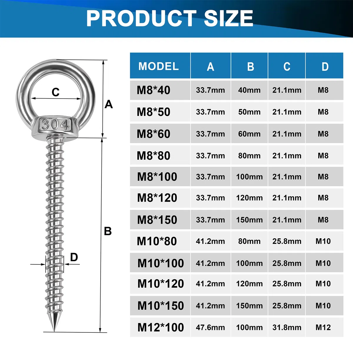 Anillos De Elevación M8 x 40mm, Tornillo con Argolla De Acero Inoxidable, Anillo Ojo Perno Plateado, Ringschraube para Hamacas, Toldos, Sillas Colgantes, Mecedoras, Cables Fijos (6 Piezas)