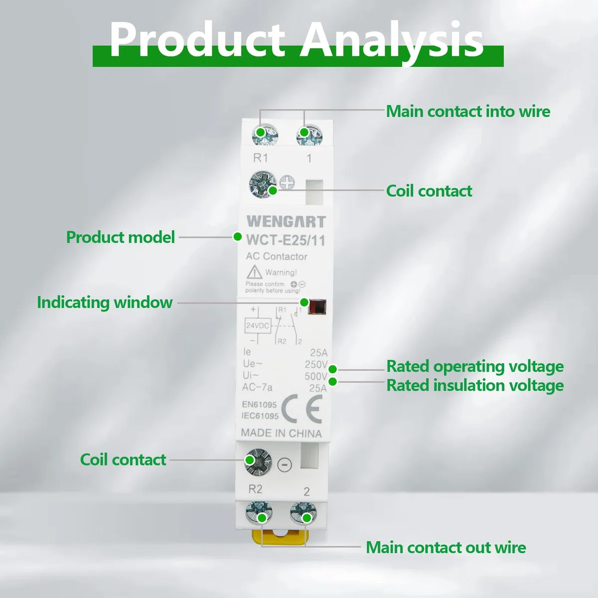 Wengart Contactor CC doméstico WCT-E25, 25A, 1NO1NC_DC24V, solución perfecta sin ruido para aplicaciones CC, optimizada para el control inteligente del sistema