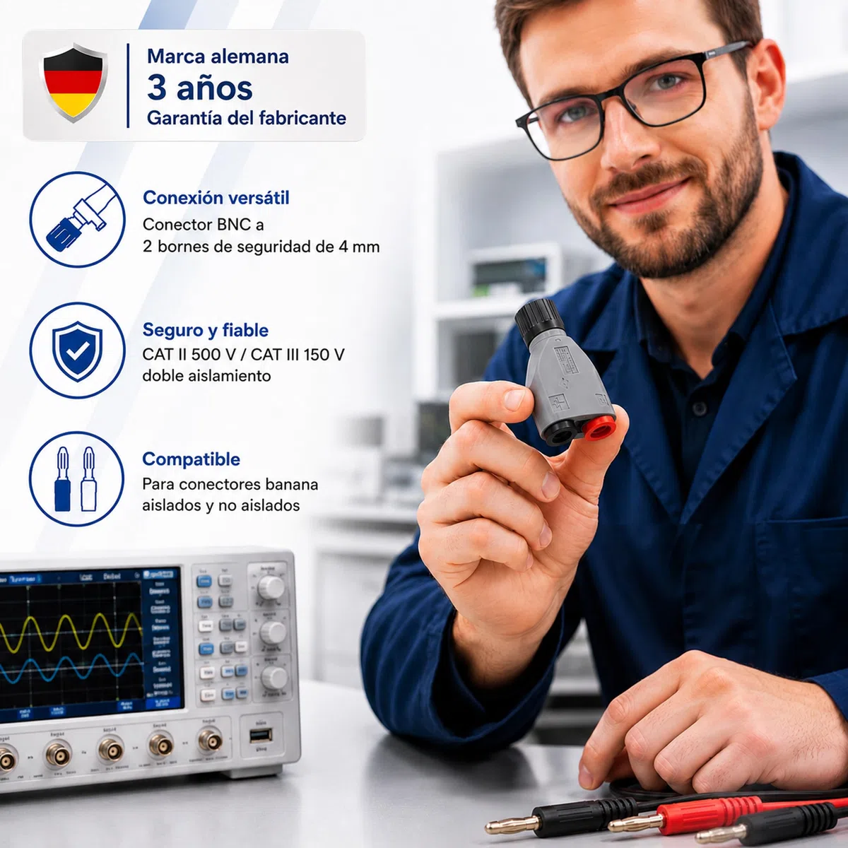 PeakTech, 7055 Adaptador BNC a Conectores Banana de 4 mm, Accesorios para osciloscopios, generadores de señales, contadores de frecuencia y Pinzas amperimétricas con Cable de Prueba de 4 mm