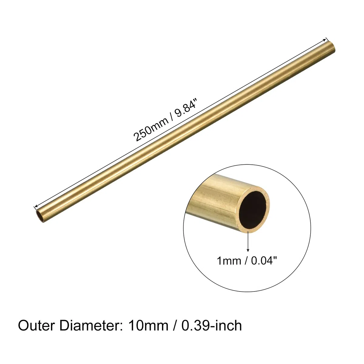 sourcing map Tubo de latón, tubo redondo de 10 mm de diámetro exterior de 1 mm de grosor de pared de 250 mm de longitud para la industria, proyectos de bricolaje