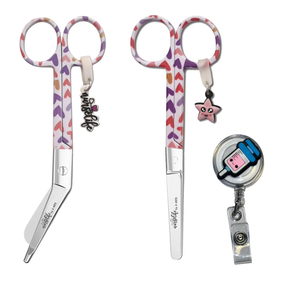 Nurse Life Pack Tijeras Enfermeria Mayo y Pico Pato + Extensible - Ideal para Porta tijeras Enfermeras - Punta Redonda Profesional | Love Enfermeria - Primeros Auxilios (Corazones)