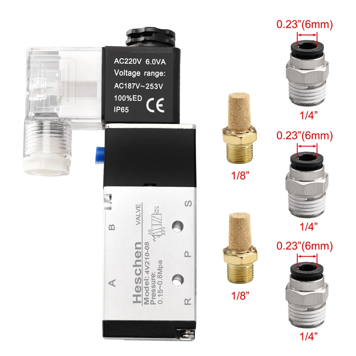 Heschen Electroválvula neumática eléctrica 4V210-08 220VAC PT1/4 5 vías 2 Posición sola bobina piloto-operado CE eléctrico con accesorios y silenciador