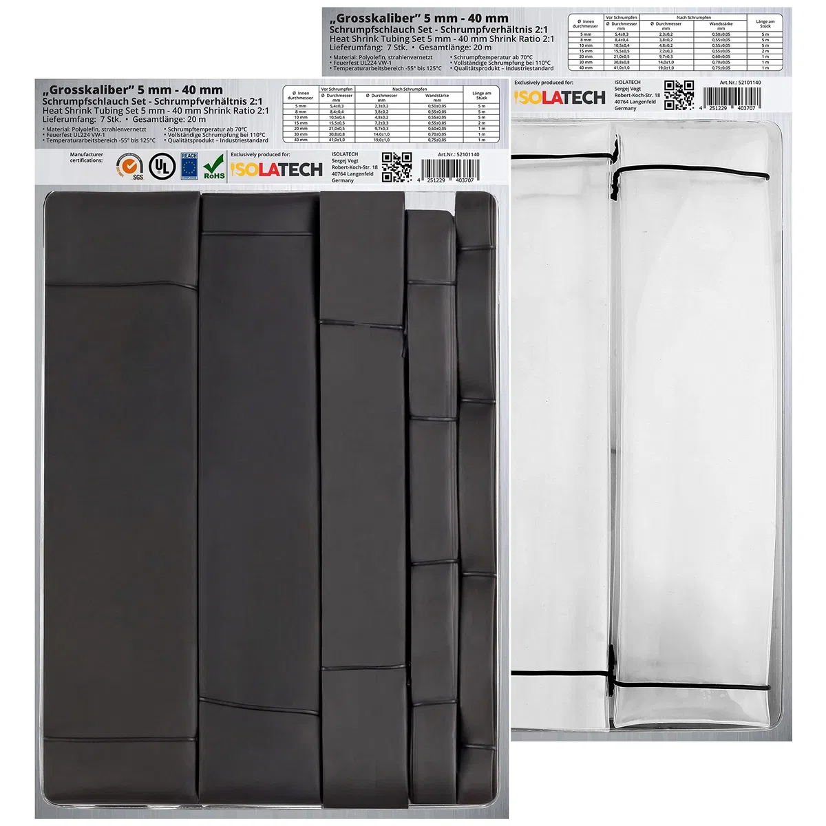 ISOLATECH gran calibre 20 metros 2:1 sin adhesivo tubo termoretráctil surtido juego negro sin etiquetar (5mm, 8mm, 10mm, 15mm, 20mm, 30mm, 40mm c/u por pieza) | En blanco, 5 mm, 8 mm, 10 mm, 15 mm, 20 mm, 30 mm y 40 mm, cada una por pieza, de poliolefina,