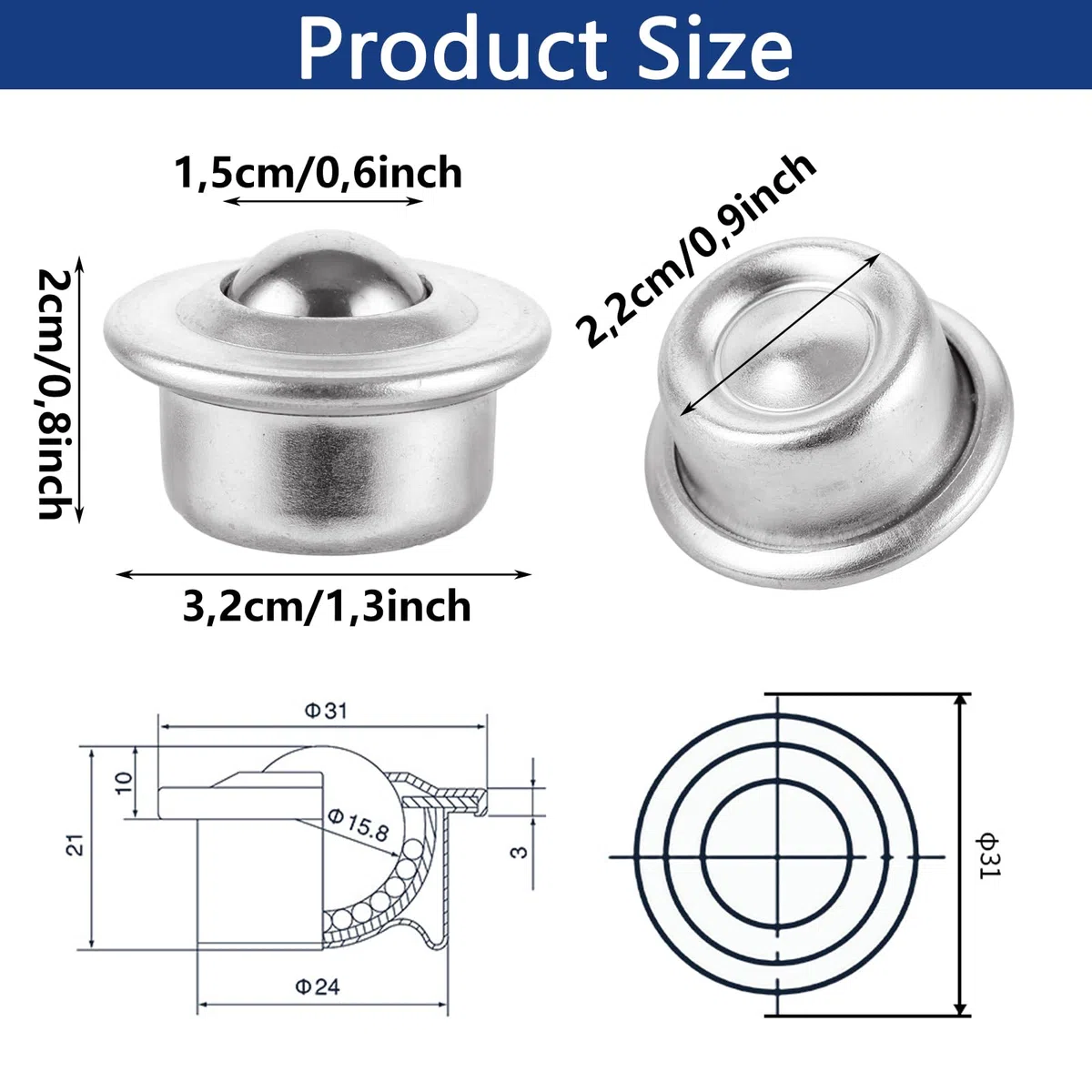 16 ruedas de bolas de 15 mm, rodamientos de bolas de acero al carbono, para muebles, cargas pesadas, rodamientos de bolas con bola de acero para transportador, equipaje deslizante, engranaje