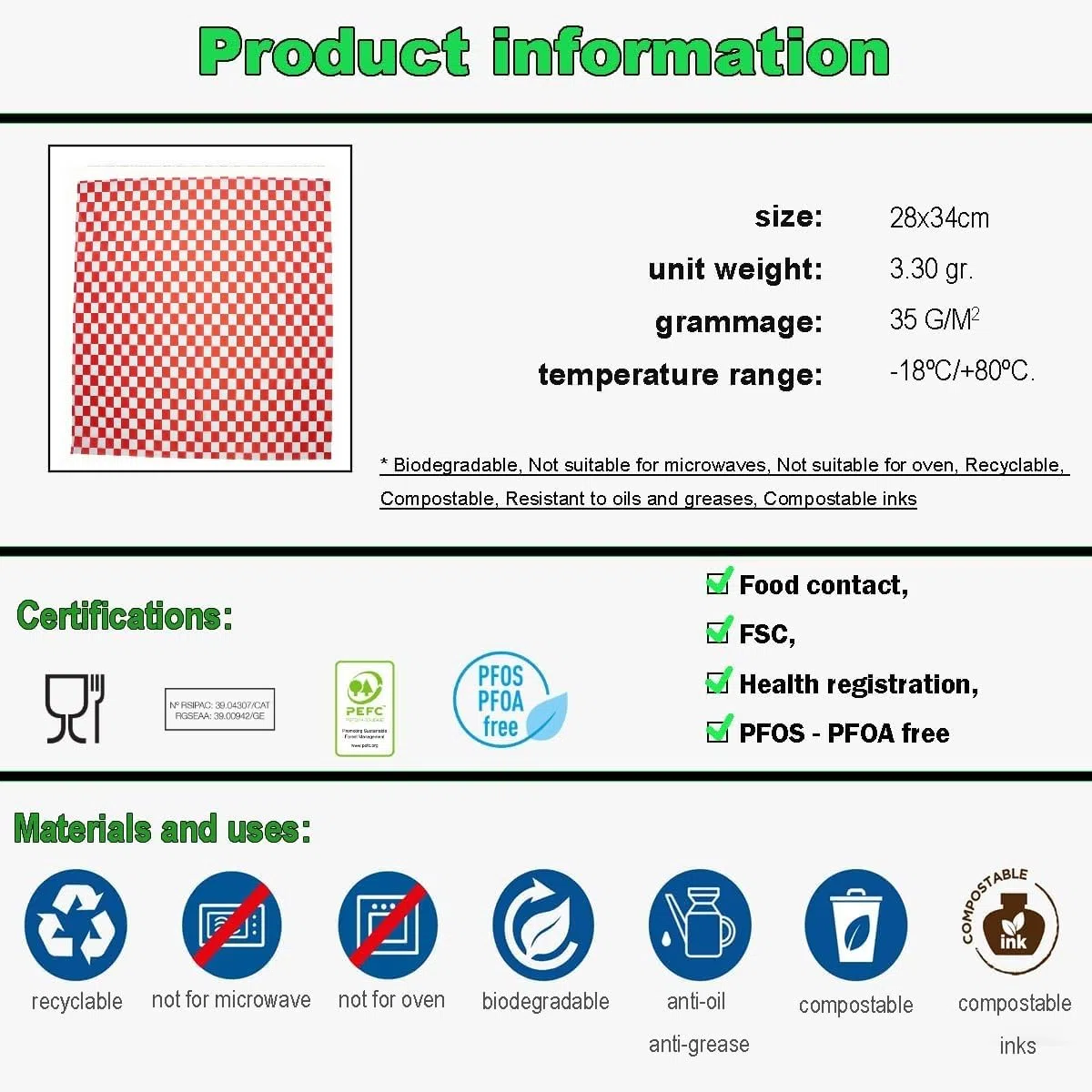 Papel de Envoltorio Antigrasa 100 pcs 28X34 cm Cuadrados Blancos Rojos Antihumedad Durable Papel Horno para Envolver para Bocadillo Hamburguesas Snacks