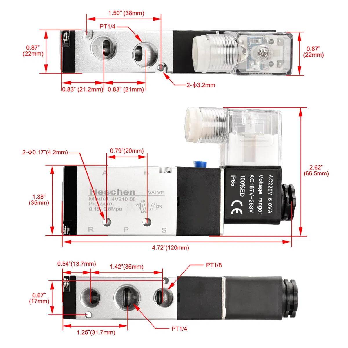 Heschen Electroválvula neumática eléctrica 4V210-08 220VAC PT1/4 5 vías 2 Posición sola bobina piloto-operado CE eléctrico con accesorios y silenciador