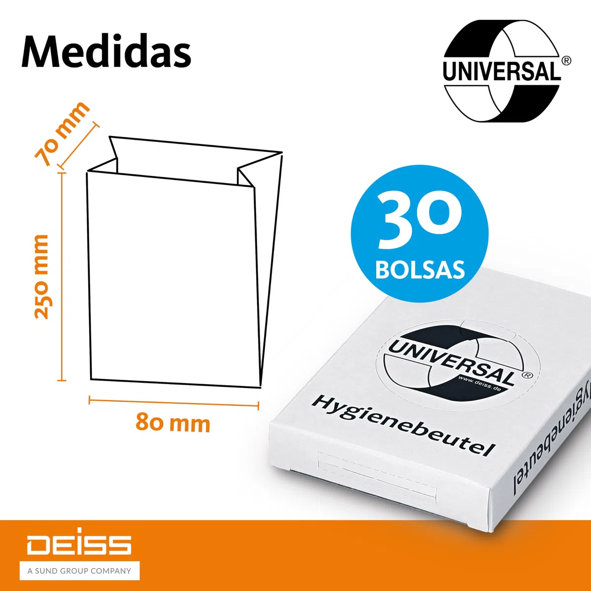 Bolsas higiénicas Deiss Universal, color blanco, 25 x 30 bolsas (750 unidades)