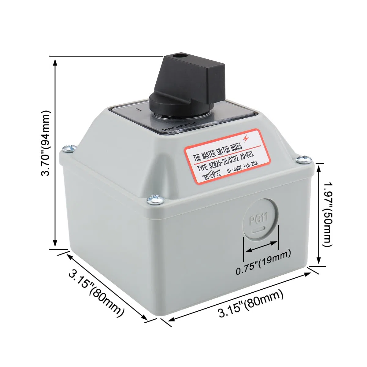 Baomain SZW26-20/D202.2D - Interruptor Conmutador Giratorio Universal con Caja Exterior para Interruptor Maestro (660 V, 20 A, 3 Posiciones, 2 Fases)
