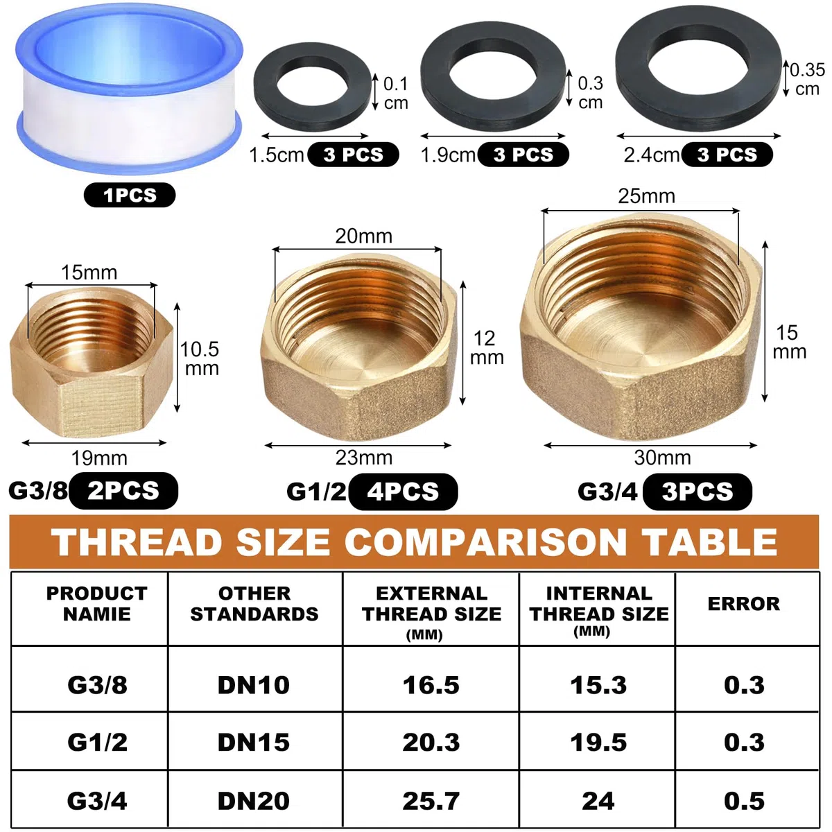 9 Piezas Tapón Ciego de Latón, Tapón de Latón 3/8 1/2 3/4 In, tapón latóns Hembra, Tapones Roscados para Tubo Con Arandelas De Goma para Conexión De Tubería Lavadora Grifo