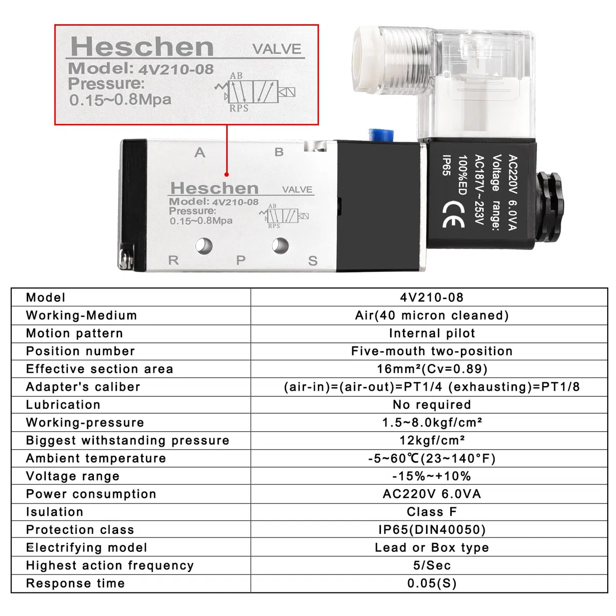 Heschen Electroválvula neumática eléctrica 4V210-08 220VAC PT1/4 5 vías 2 Posición sola bobina piloto-operado CE eléctrico con accesorios y silenciador
