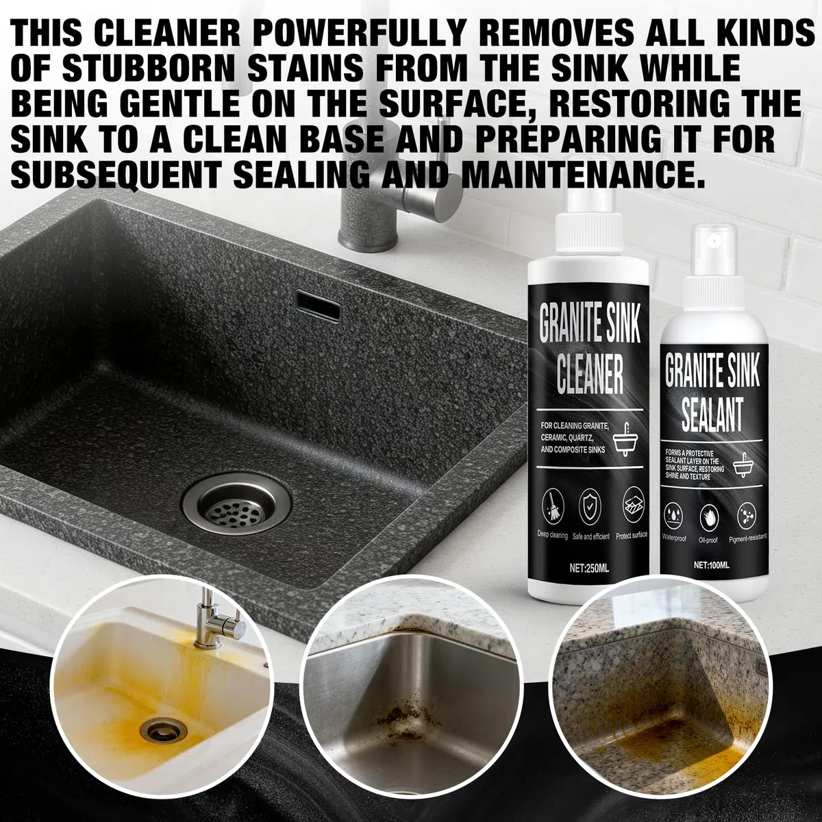 Granite Sink Cleaner, Impregnación para Fregaderos de Granito, Limpiador Fregadero Granito, con 1 Esponjas y 1 Paño de Microfibra, Limpieza, Impermeabilización y Sellado Fregadeross Granitos