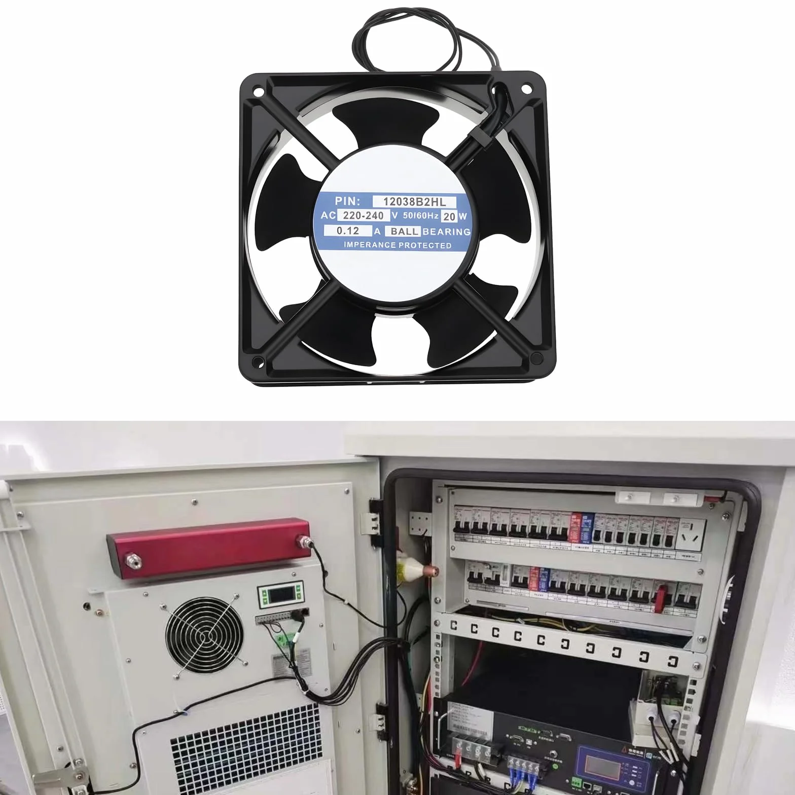 Ventilador Axial de Refrigeración de 2 Pines 220-240 V CA 0,12 A 20 W 12038B2HL. Adecuado para Armarios de Control Eléctrico Industrial