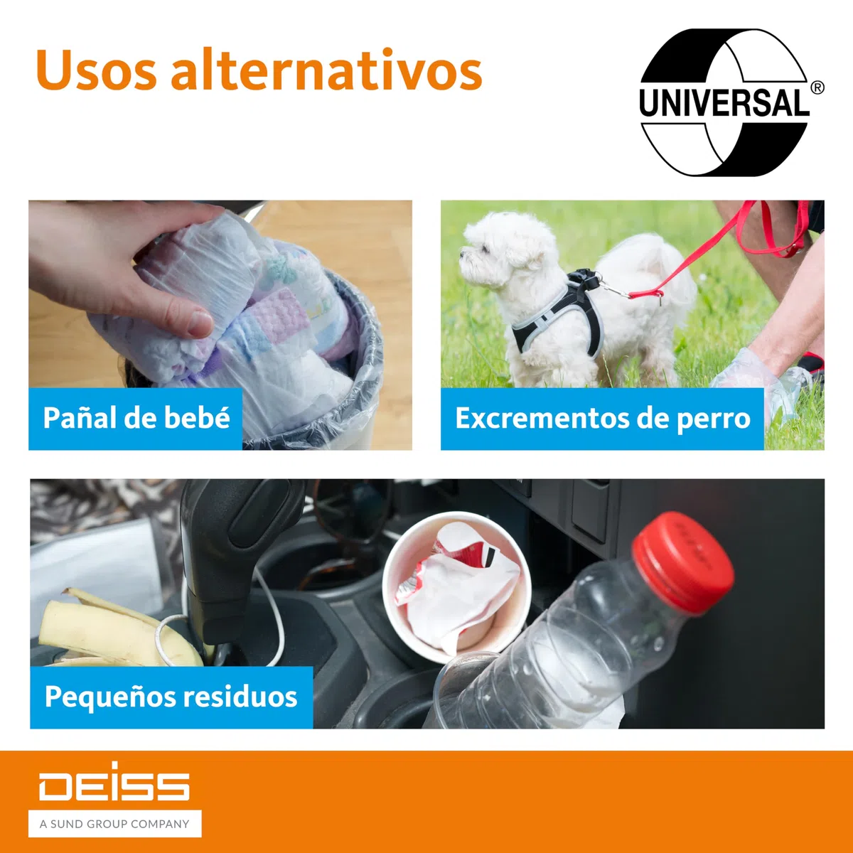 Bolsas higiénicas Deiss Universal, color blanco, 25 x 30 bolsas (750 unidades)
