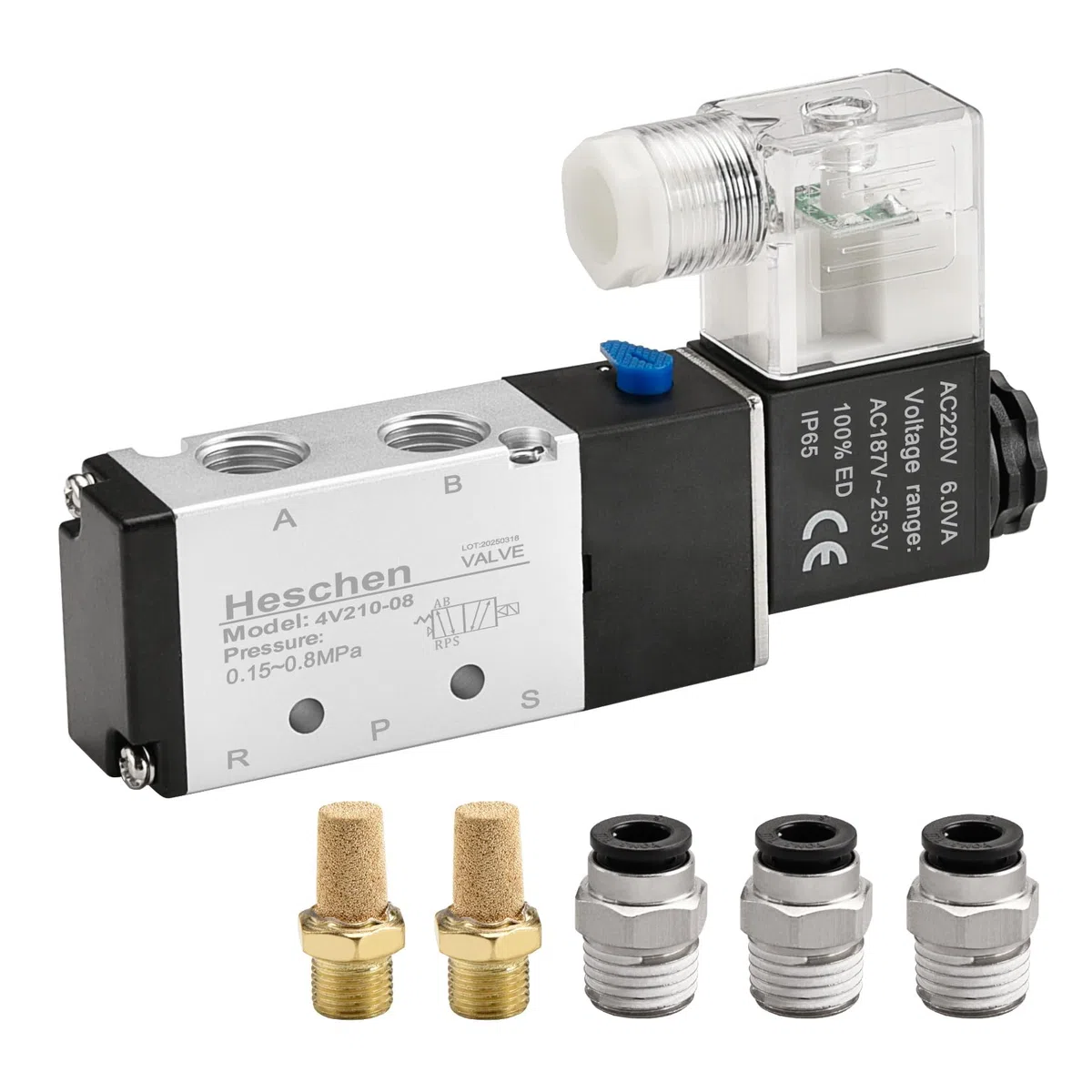 Heschen Electroválvula neumática eléctrica 4V210-08 220VAC PT1/4 5 vías 2 Posición sola bobina piloto-operado CE eléctrico con accesorios y silenciador