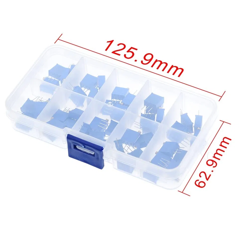 DollaTek 50PCS 10Value 500 Ohm a 1M ohmios 3296W Multiturn Trimmer Potenciómetro Variable Resistor Variable con Plastci Box