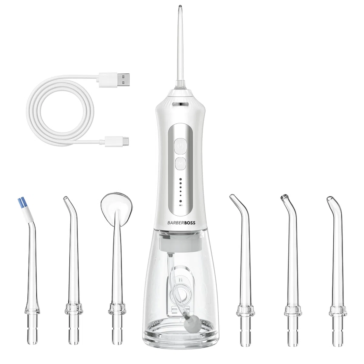 Barberboss Hilo dental portátil para dientes, irrigador oral recargable, kit de hilo dental con 5 ajustes de presión, 5 boquillas intercambiables, tanque de agua de 300 ml y diseño fácil