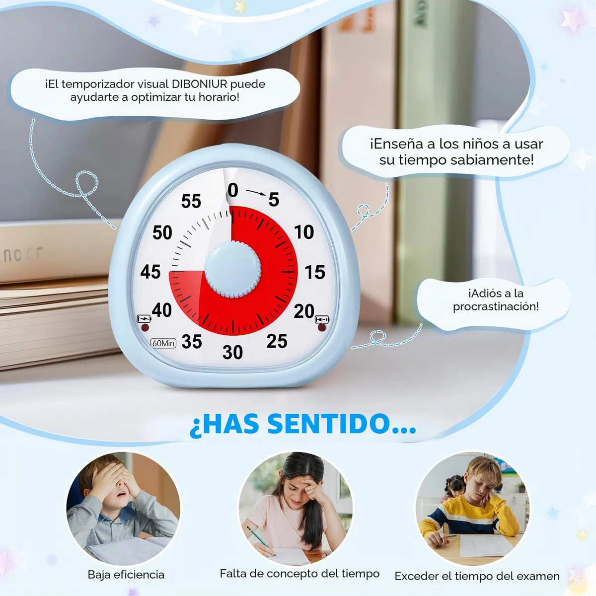 Diboniur Temporizador Visual Niños Recargable, 60 Minutos Temporizador de Cuenta Regresiva, Herramienta de Gestión del Tiempo para Niños y Adultos (Azul)