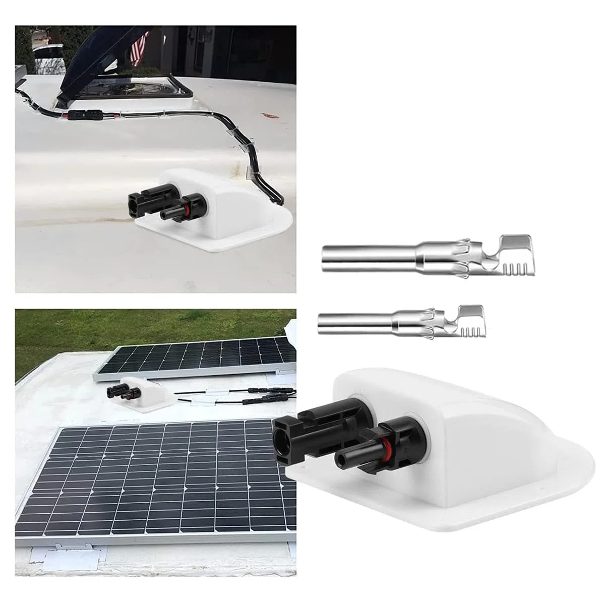 Caja de conexiones de cable doble curvado para entrada de energía solar con enchufes y tomas fotovoltaicas. Soporte para placa solar de ABS impermeable.