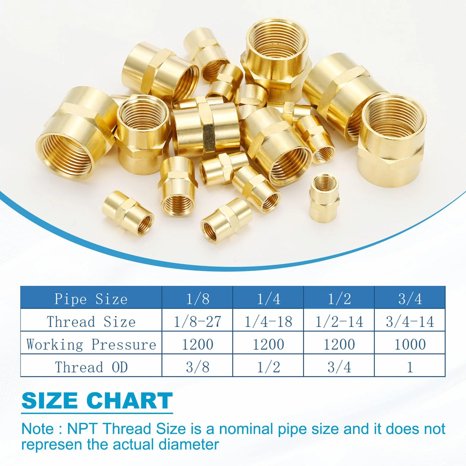 PATIKIL Acoplador NPT de latón de 1/2" x 1/2", paquete de 2 acoplamientos hembra hexagonales para tuberías de fontanería doméstica, bases de cabezales de ducha, color dorado