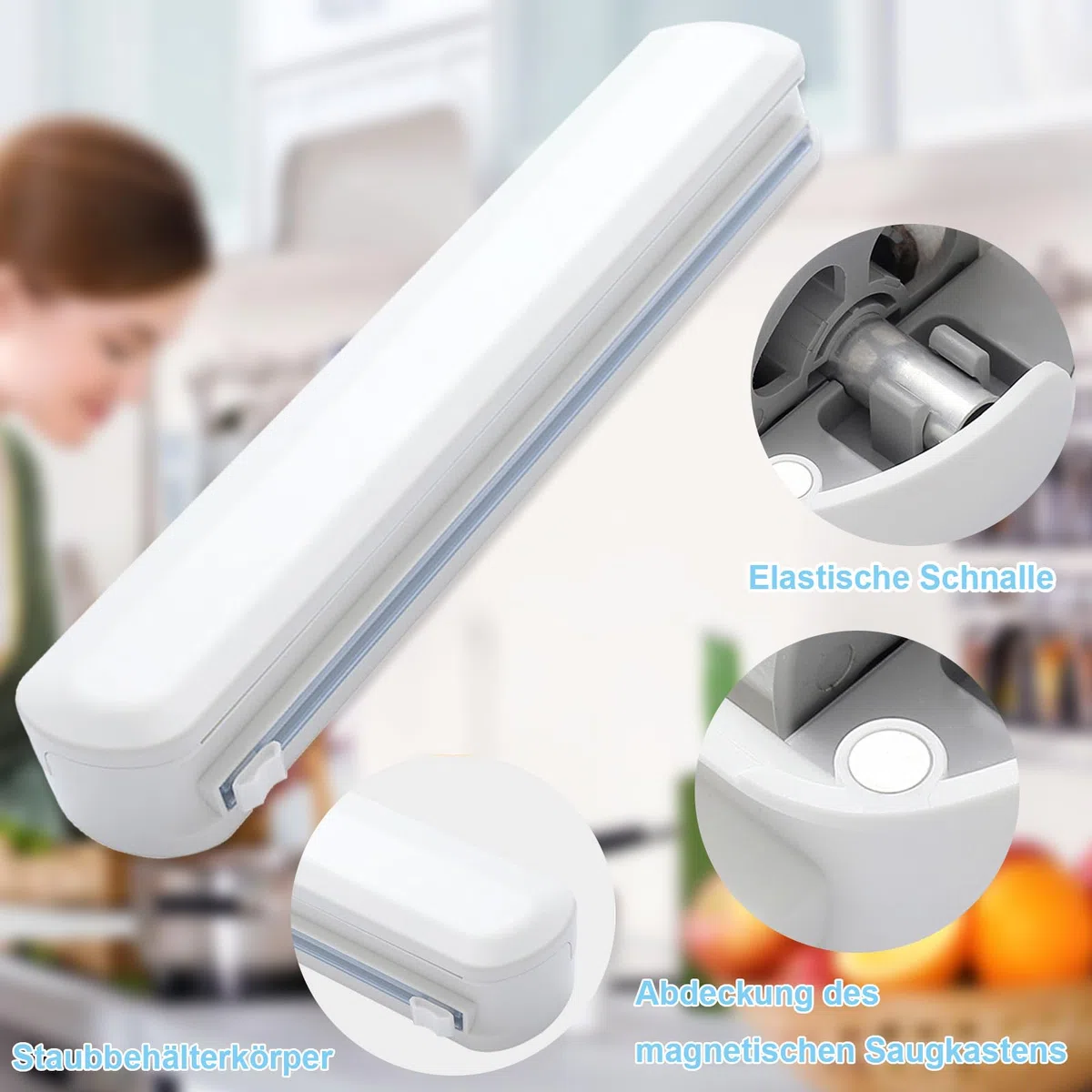 Dispensador de Película Plástica,Dispensador de Film Transparente de Plástico con Cortador Deslizante, Cortador de Film Transparente Para Cocina, Papel de Aluminio, Blanco