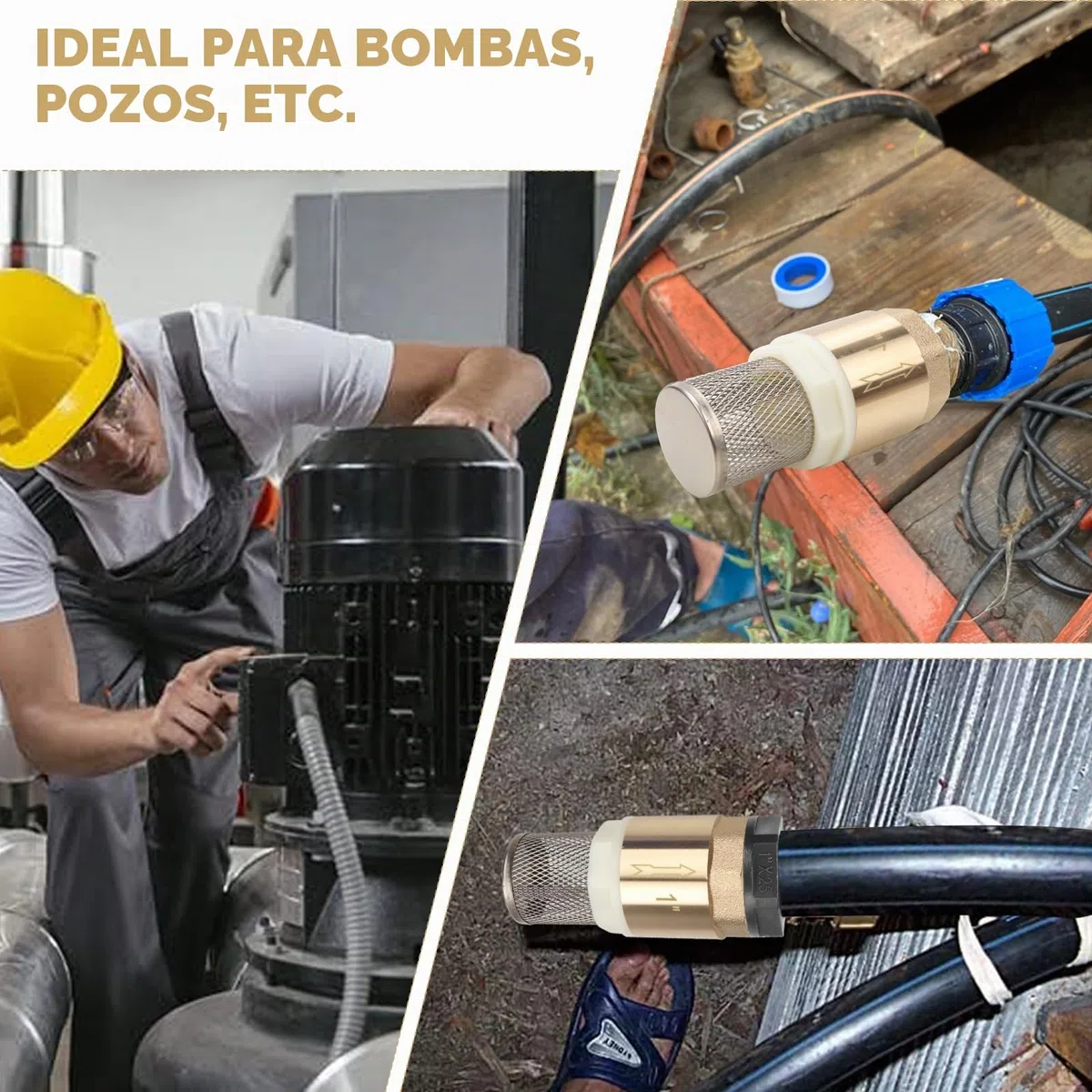 Válvula antirretorno de latón, 1 pulgada, filtro de succión con tope de retorno, válvula de pie, válvula antirretorno con 4 abrazaderas (18-32 mm) y 2 conexiones de manguera de 20 mm/Ø 25 mm