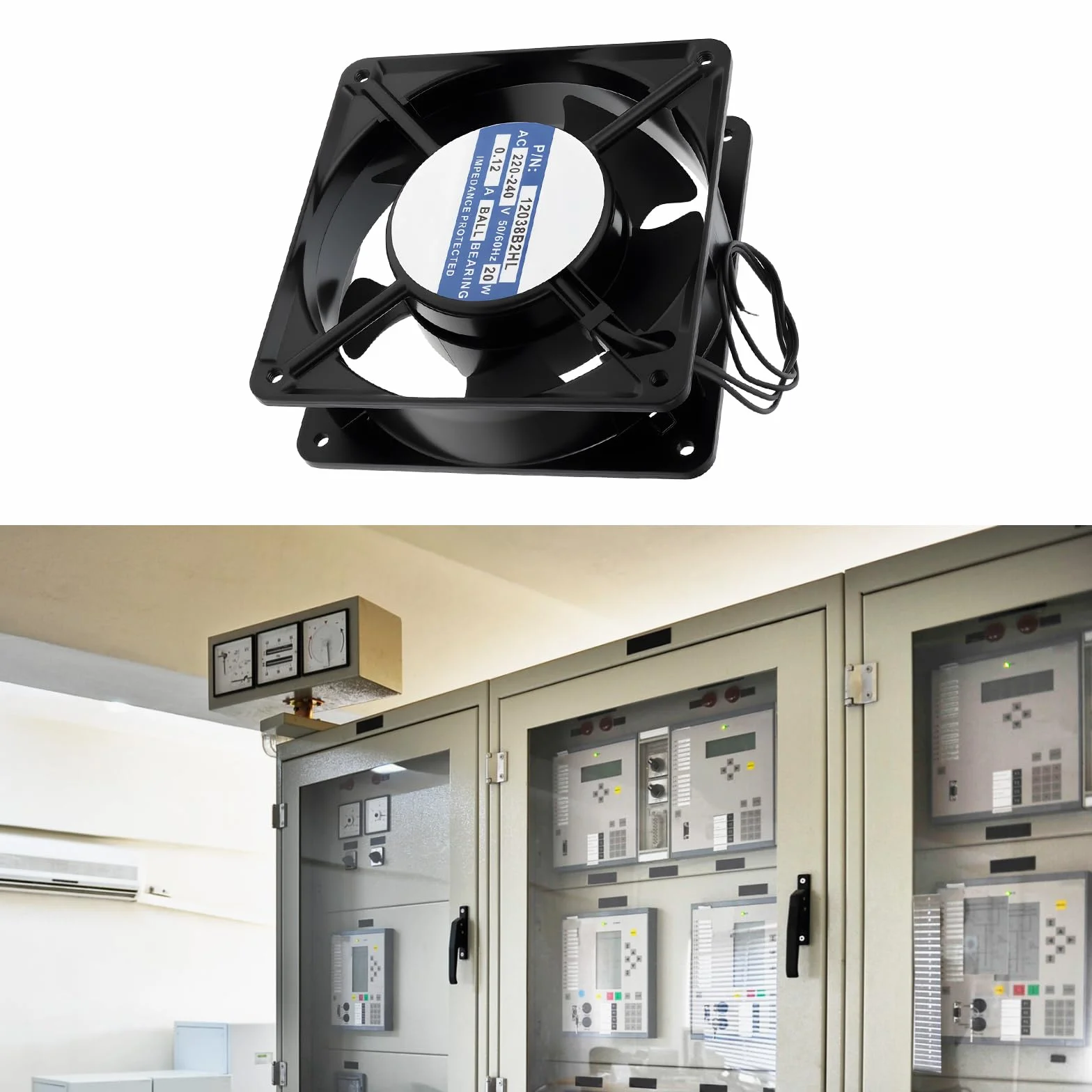 Ventilador Axial de Refrigeración de 2 Pines 220-240 V CA 0,12 A 20 W 12038B2HL. Adecuado para Armarios de Control Eléctrico Industrial