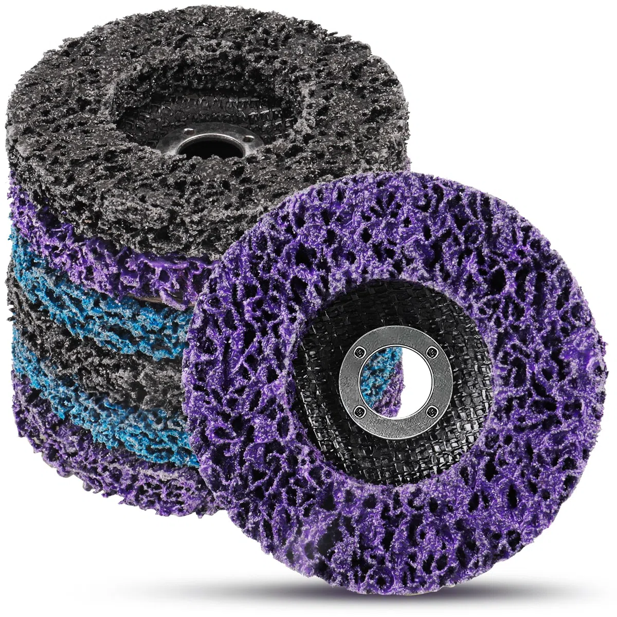 6 Piezas 4"x5/8" Discos de Limpieza Gruesos,100mm Diámetro CSD Disco Pulido Disco Limpieza con Soporte, para Tratamiento de Superficies o Eliminación de Barniz（Morado/Azul/Negro）