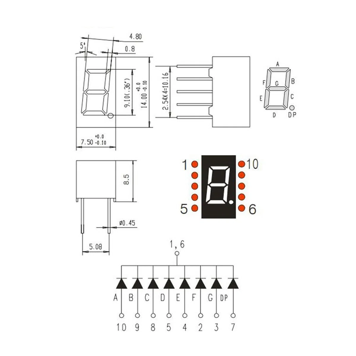 PATIKIL LED Pantalla Digital Tubo, 10 Paquete Común Cátodo 7 Segmento 10 Pasador 1 Bit 2.1V 0.36" Dígito Altura LED Pantalla Módulo para Electrónica Conductor Placa, Rojo