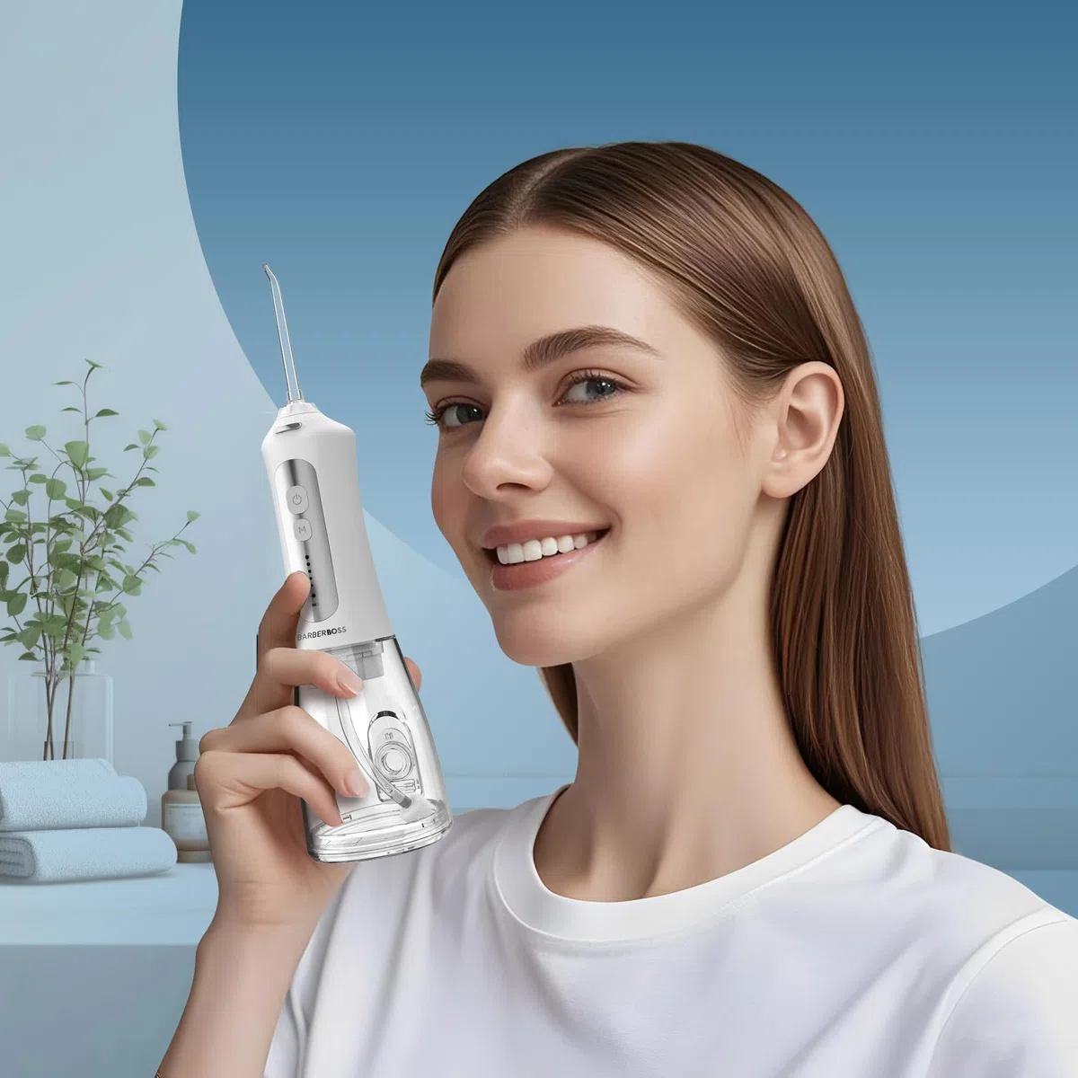 Barberboss Hilo dental portátil para dientes, irrigador oral recargable, kit de hilo dental con 5 ajustes de presión, 5 boquillas intercambiables, tanque de agua de 300 ml y diseño fácil