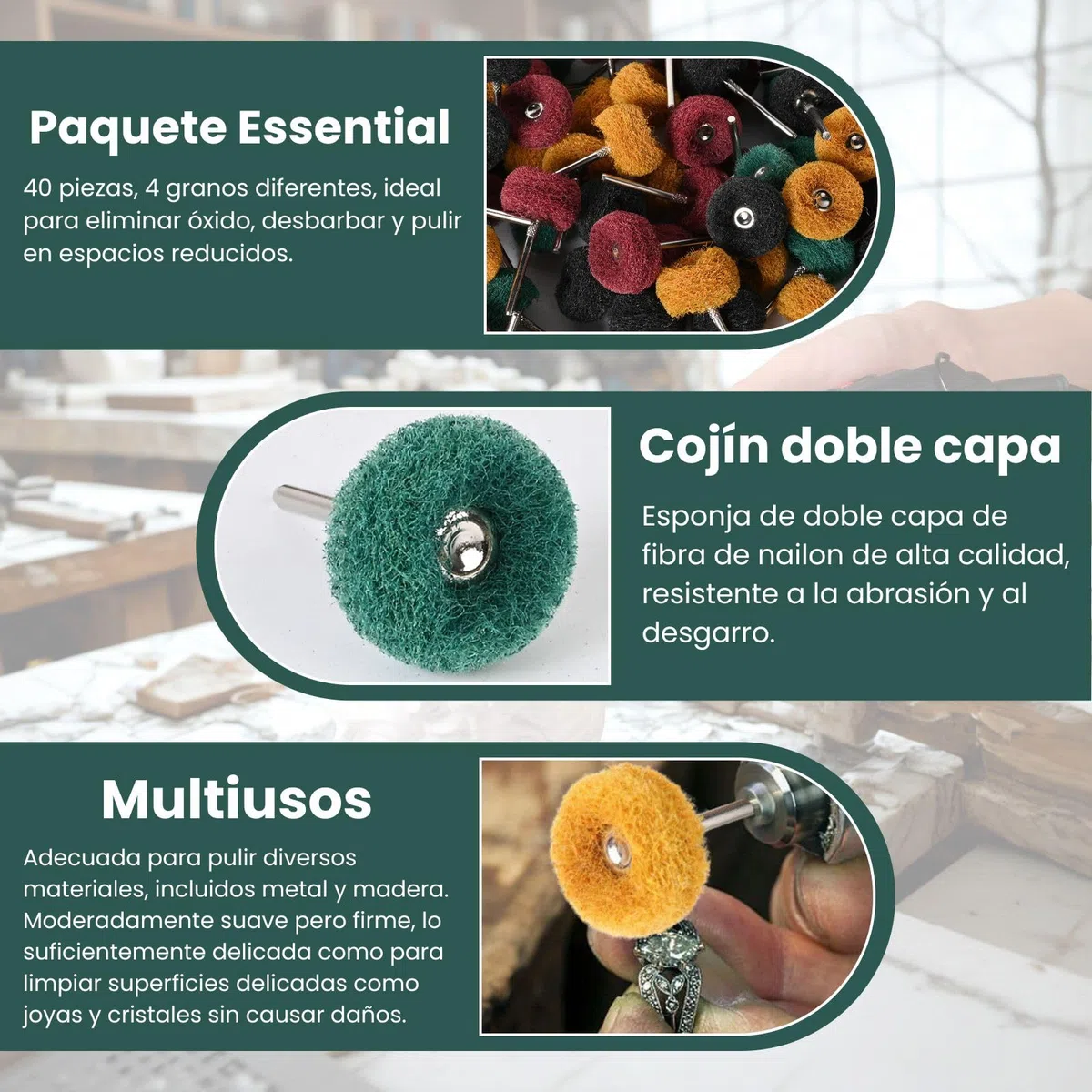 40 Piezas Rueda Abrasiva Pulidora 25 mm, Grano 80/150/240/400 Para Herramientas Rotativas Dremel
