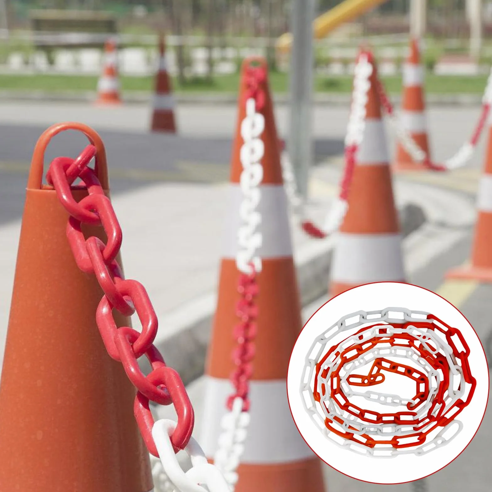Cadena de plástico de 15 m x 6 mm, color rojo y blanco, de plástico, para seguridad de advertencia, aparcamiento, construcción