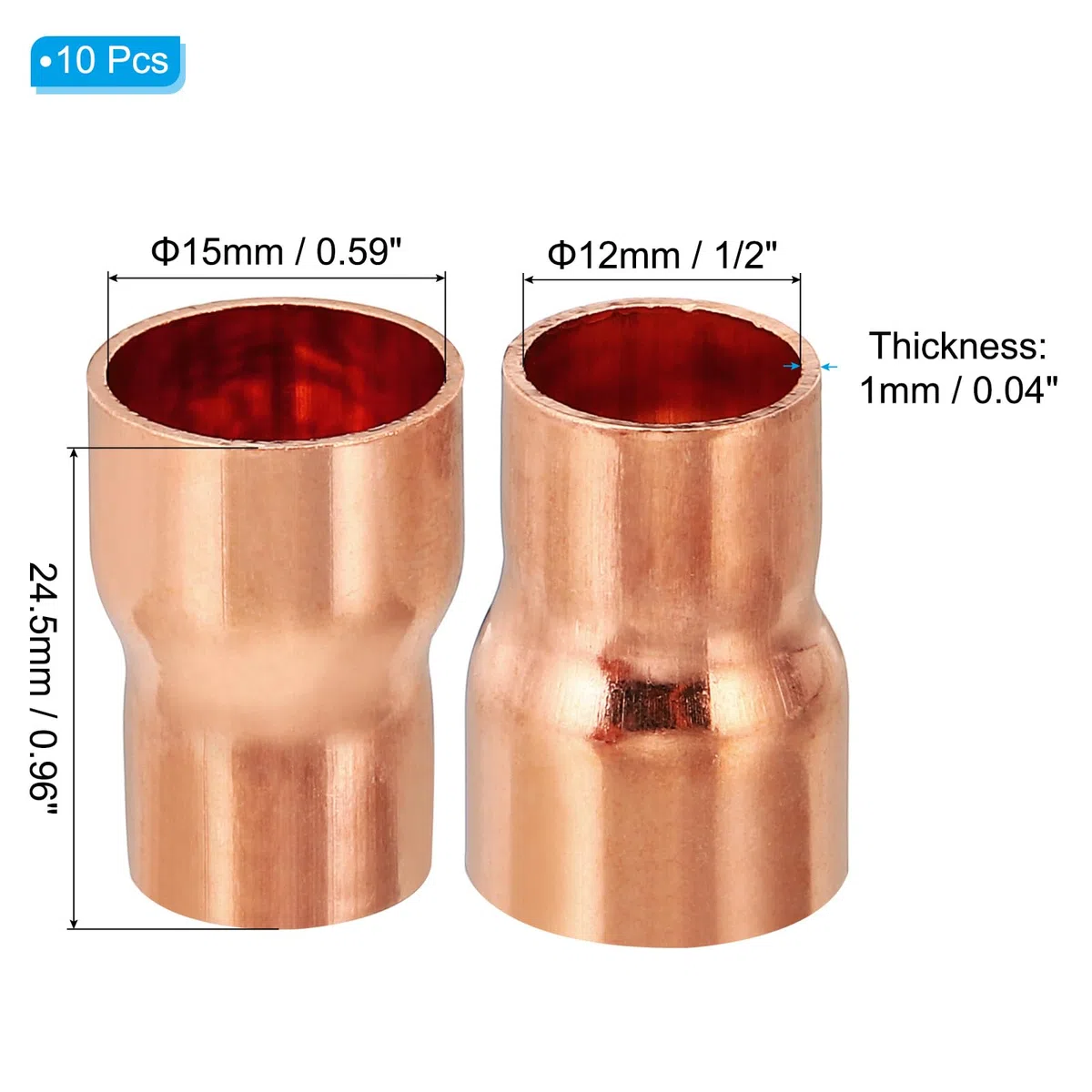 PATIKIL 12.7 a 15mm ID Reductor de Cobre, 10pcs Tubo Reducción de Cobre Accesorios de Acoplamiento de Cobre Puro 99.9% con Conexión por Sudor para Tubería Conexiones, 24.5x1mm (L*Grosor)