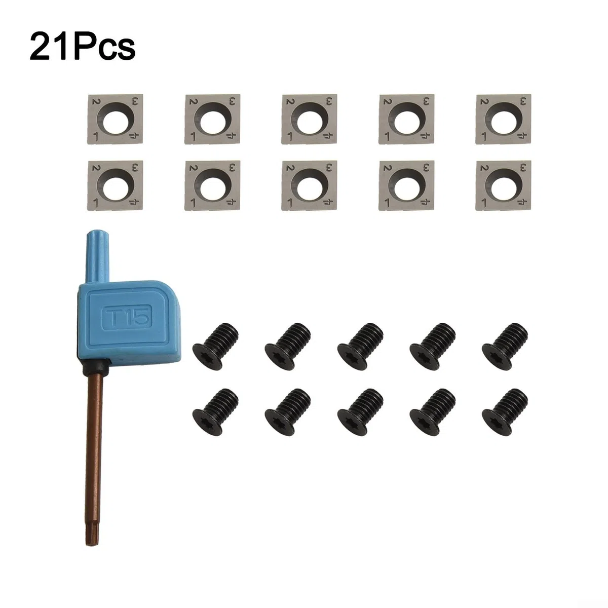 Hoja cuadrada de carburo de 14 x 14 x 2 mm para herramientas de torno de carpintería, hoja indexable, ángulo de corte de 30 grados, diseño de 4 lados, para madera ordinaria, 10 piezas, tornillos