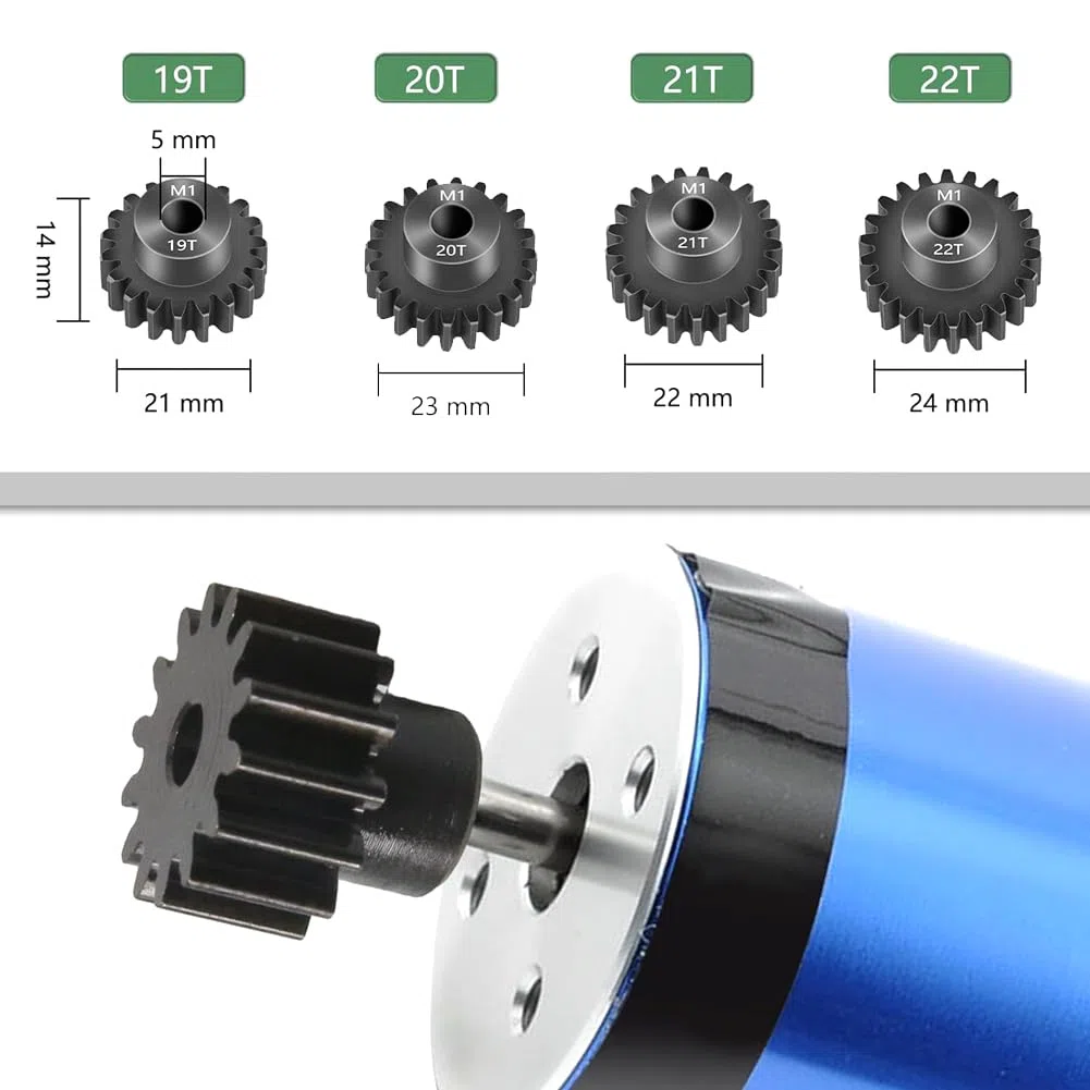 Mod 1 - Juego de engranajes de piñón, 4 piezas, 19T 20T 21T 22T M1, engranaje de piñón de acero endurecido de metal para eje de motor RC de 5 mm con llave hexagonal