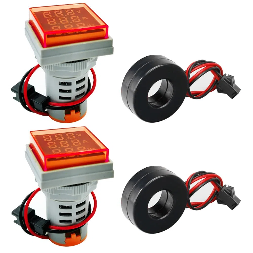 GUUZI 2pcs Pantalla de Tres Dígitos Corriente CA 20-500V, Voltaje 0-100A, Indicador de Frecuencia 20-70HZ, Monitor de Instrumento de Medición Multifunción LED de Cabeza Cuadrada de 22mm (Rojo)