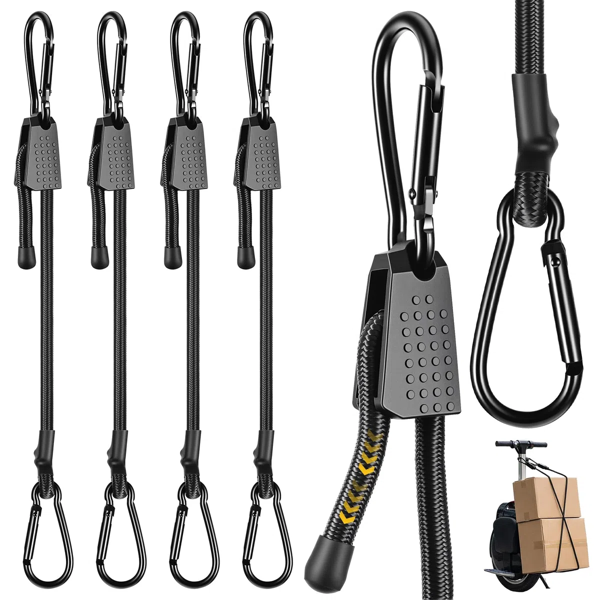 Hejo 4 Piezas Elásticas Ajustables con Ganchos, 100 cm Banda Elástica Reforzadas, Correas Elásticas Resistentes con Mosquetón para Coche, Barco, Bicicleta, Camping y Actividades al Aire Libre(Negro)
