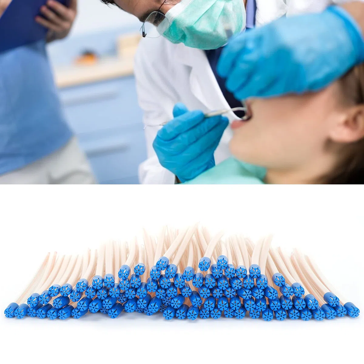 100 Pajitas Desechables para Eyector de Saliva, Puntas de Succión sin Látex, Tubo Transparente Flexible con Puntas Azules, Accesorios para el Cuidado Bucal