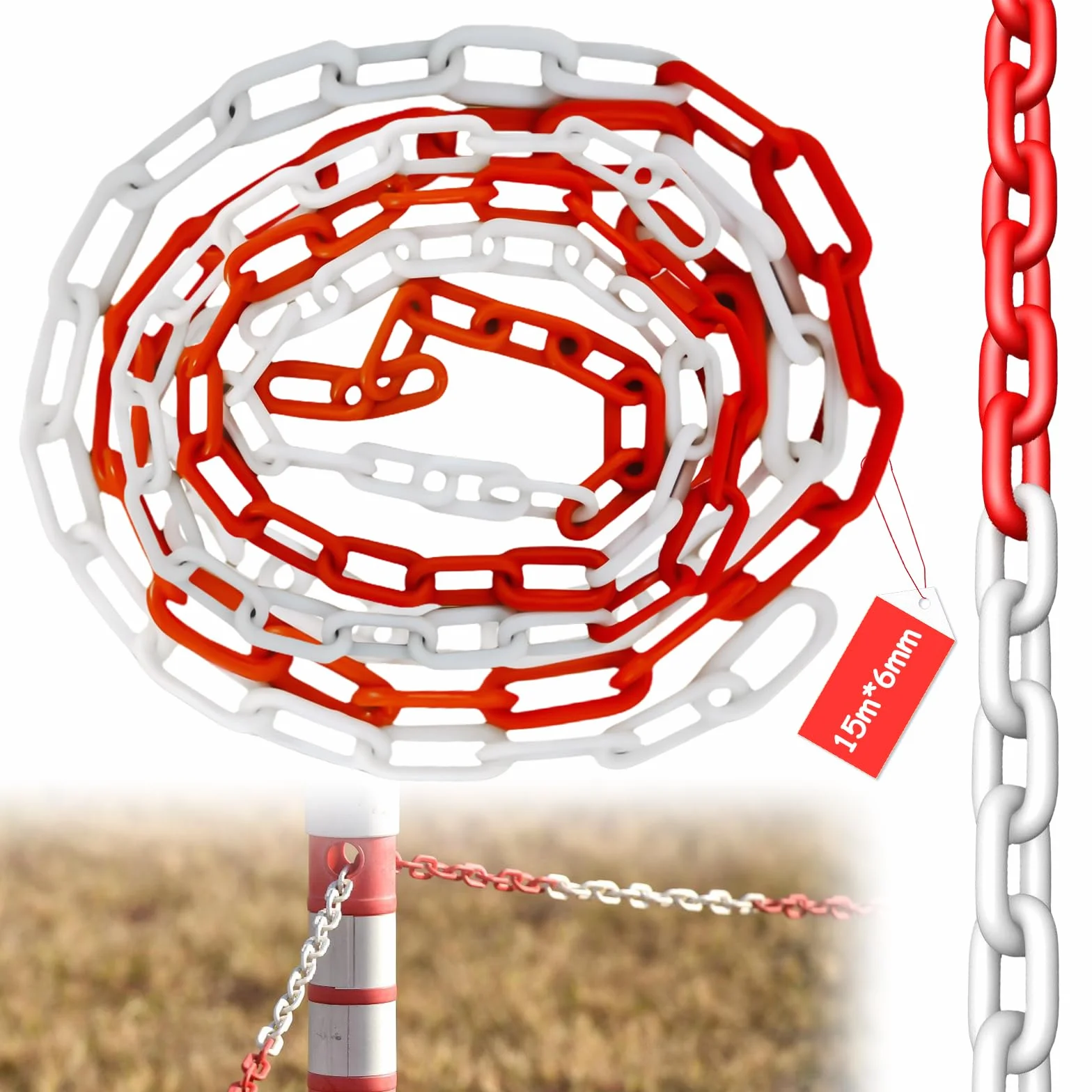 Cadena de plástico de 15 m x 6 mm, color rojo y blanco, de plástico, para seguridad de advertencia, aparcamiento, construcción