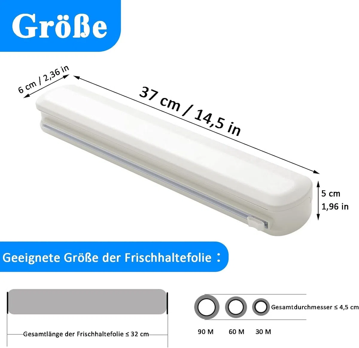 Dispensador de Película Plástica,Dispensador de Film Transparente de Plástico con Cortador Deslizante, Cortador de Film Transparente Para Cocina, Papel de Aluminio, Blanco