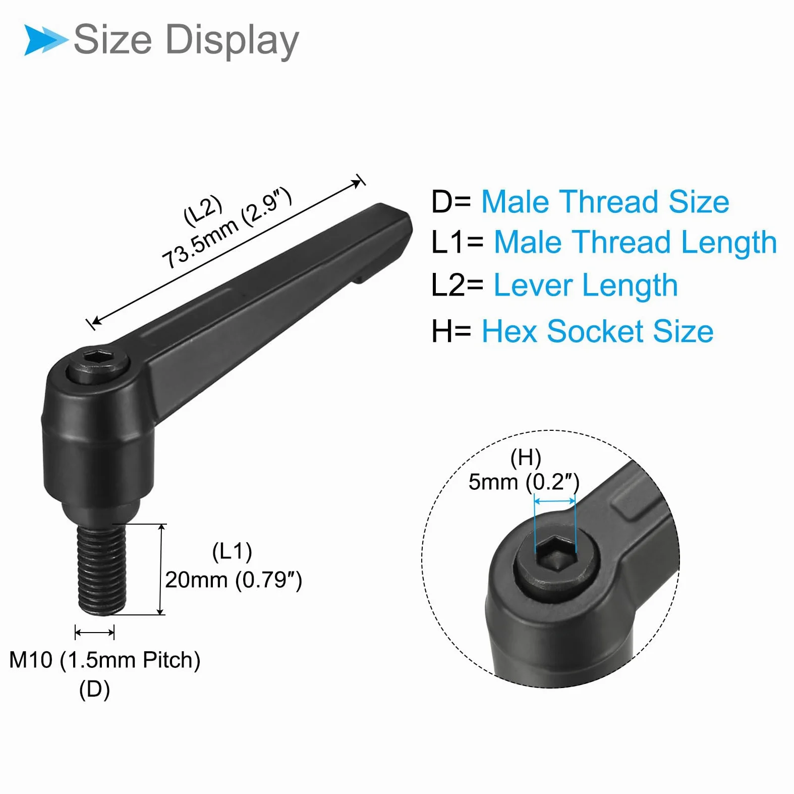 Abrazaderas Palanca M10 X 20mm Rosca Macho Ajustables Liberación Rápida Perillas Bloqueo Giratorias Negras (Aplicaciones: para Maquinaria Torno) 2 Uds