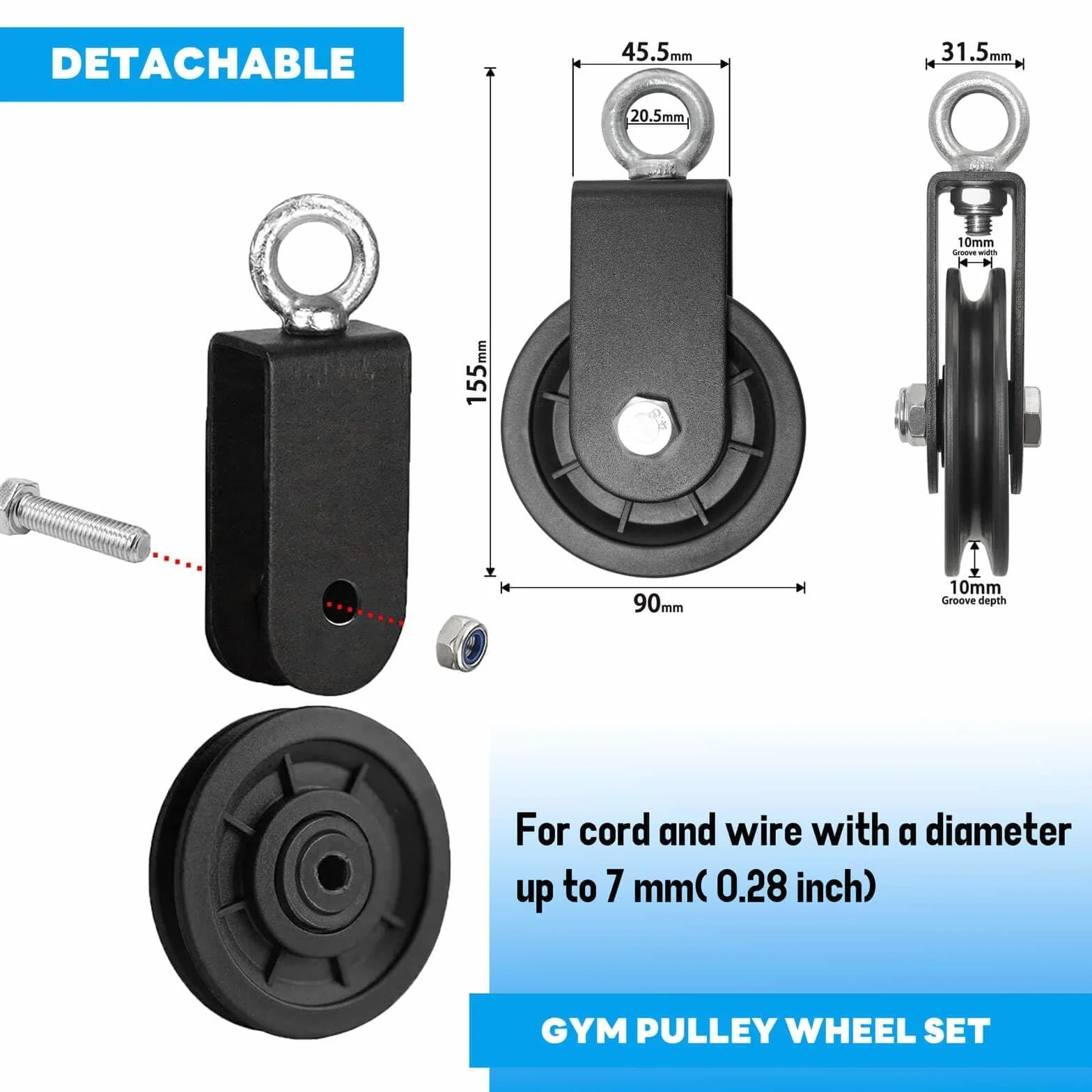 Juego de ruedas de polea de gimnasio, 90 mm de diámetro, capacidad de carga de 160 kg, color negro, con soportes de montaje (2 piezas)